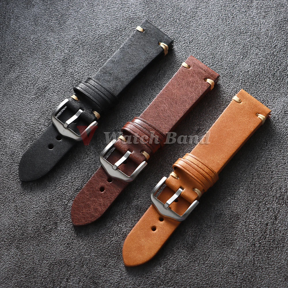 Cowhide Leather Watch Strap 18mm 19mm 20mm 21mm 22mm for Samsung Galaxy Watch 8/7/6/5/4 Vintage Brown Quick Release Bracelets