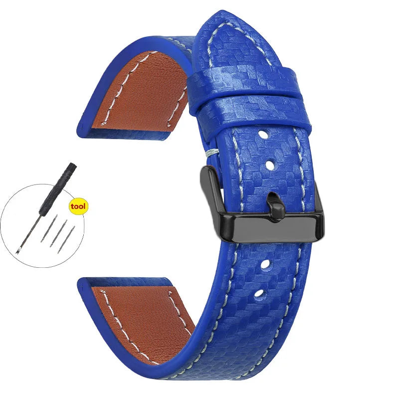 Carbon Fiber Texture Leather Strap for Seiko Cowhide Leather Watchband Soft Men Watch Accessories Wrist Belt 18mm 20mm 22mm 24mm