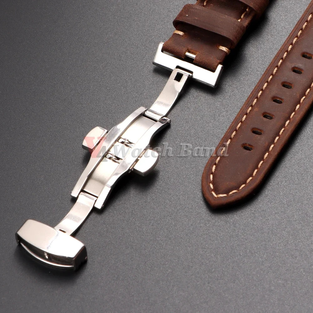 Retro Genuine Calfskin Watchband for Omega Business Watch Band 20mm 22mm 24mm 26mm Butterfly Buckle Stitching Blue Brown Strap