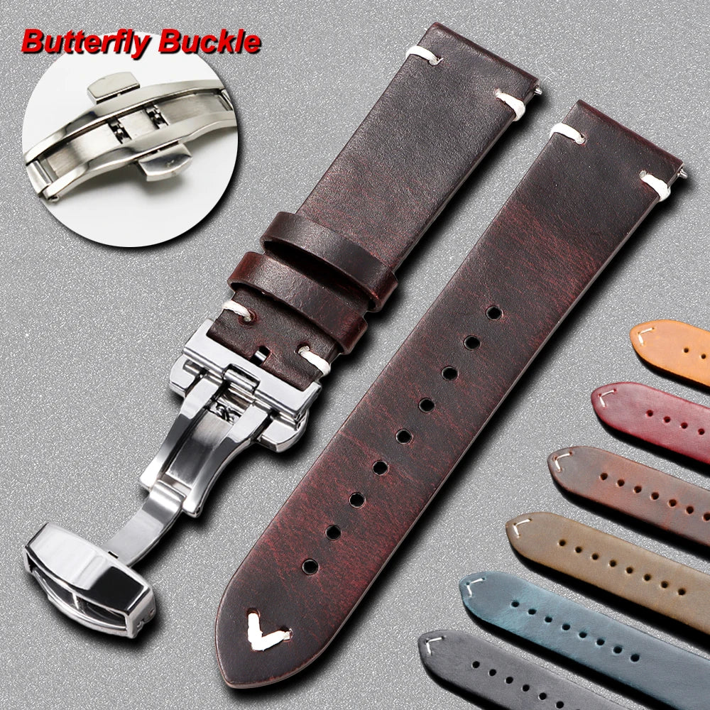 Oil Wax Stitching Cowhide Strap for Omega 18/20/22mm Quick Release Bracelet ForSeiko Vintage Leather Watch Band Butterfly Buckle