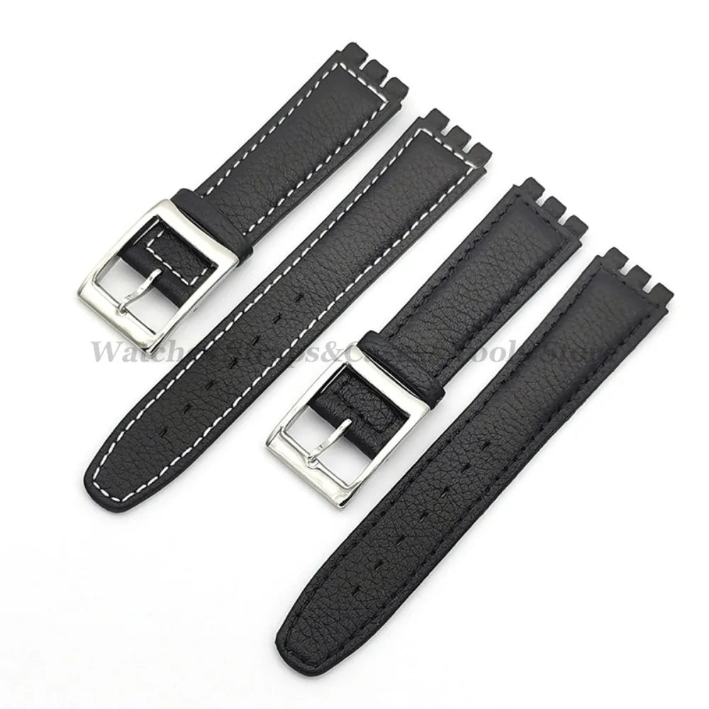 17mm Cowhide Leather Strap for Swatch Lychee Leather Watch Band for Men Women Belt Metal Buckle Replacement Bracelet Accessories