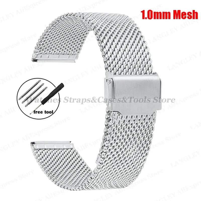 0.6mm 1.0mm Milanese Mesh Watchband 18mm 20mm 22mm 24mm Stainless Steel Bracelet 3mm Thick Strap Heavy Wristband with free tool