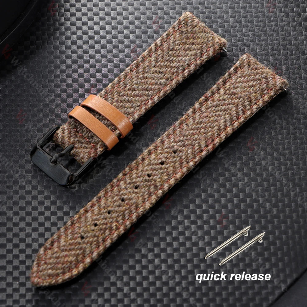 18/20/22mm Genuine Cowhide Nylon Watch Band Quick Release Strap Vintage Woven Tweed Fabric Bracelet Men Women Replace Wristband