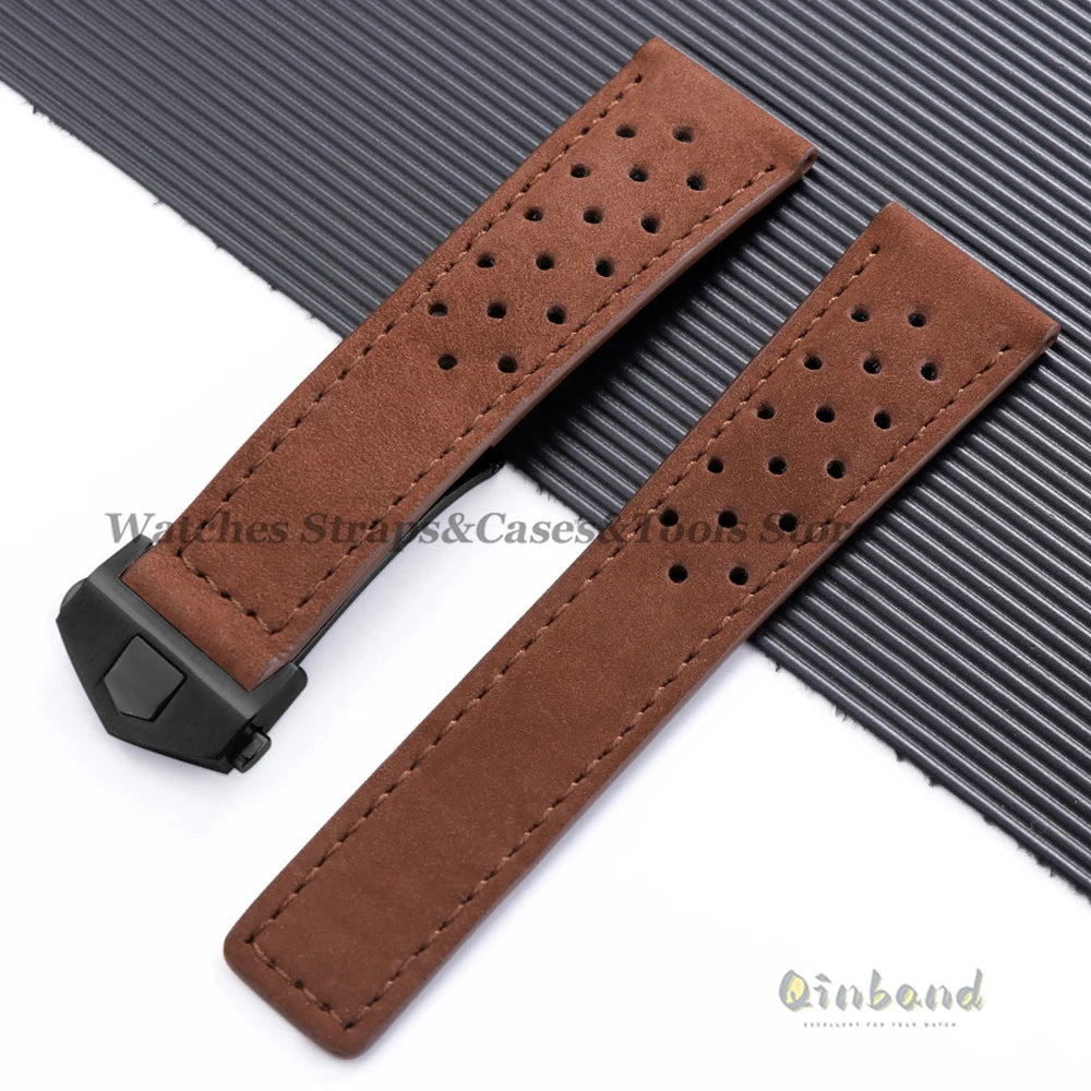 20mm 22mm 24mm Soft Genuine Cow Leather Watchband for Tag Heuer for Carrera Monaco Series Frosted Fold Buckle Men Women Straps