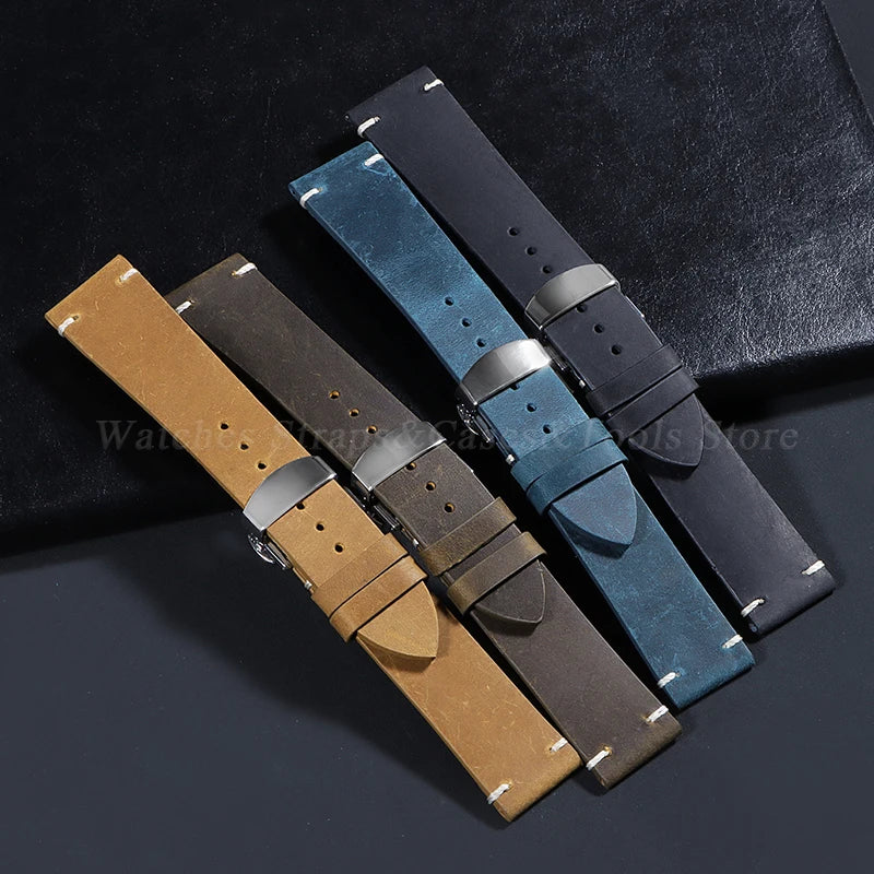 Stitching Cowhide Strap for Omega for Seiko 18/19/20/21/22/24mm Wrist Bracelet Vintage Brown Leather Watch Band Butterfly Buckle
