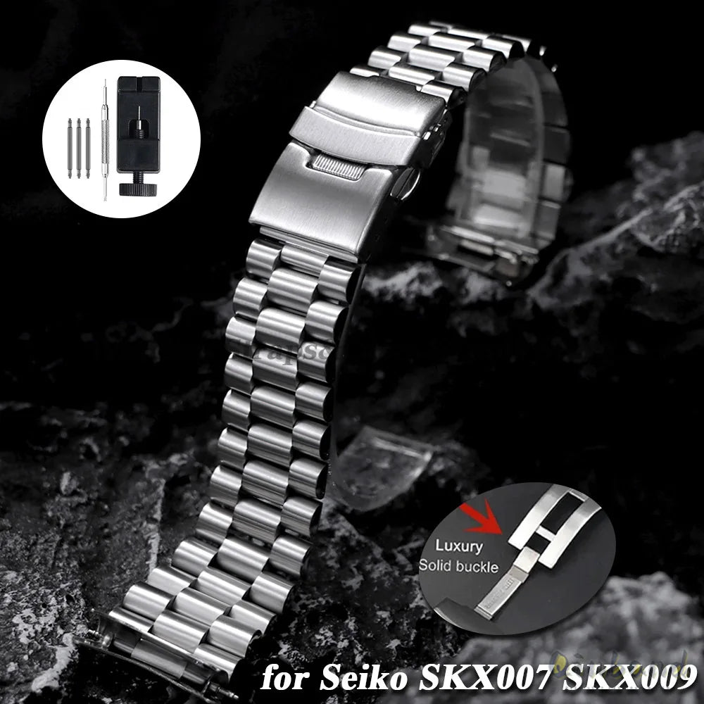 Luxury Curved Strap for Seiko SKX007 SKX009 Solid Stainless Steel Watch Band Three Beads 20mm 22mm Arc End Men Watch Accessories