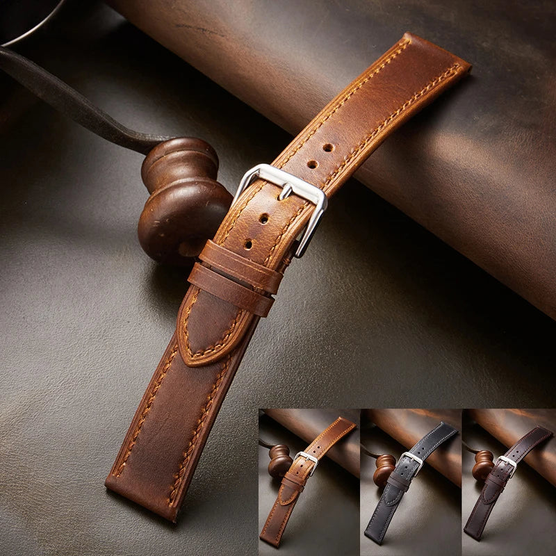 18mm 20mm 21mm 22mm Retro Genuine Leather Strap Oil Wax Discoloration Cowhide Leather Watchband  Business Men Women Watch Straps