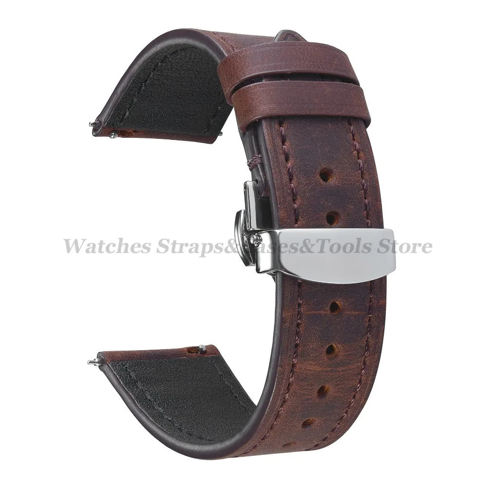 Crazy Horse Cowhide Leather Watch Strap 18mm19mm 20mm 21mm 22mm 24mm Butterfly Buckle Bracelet for Omega Smart Vintage Watchband