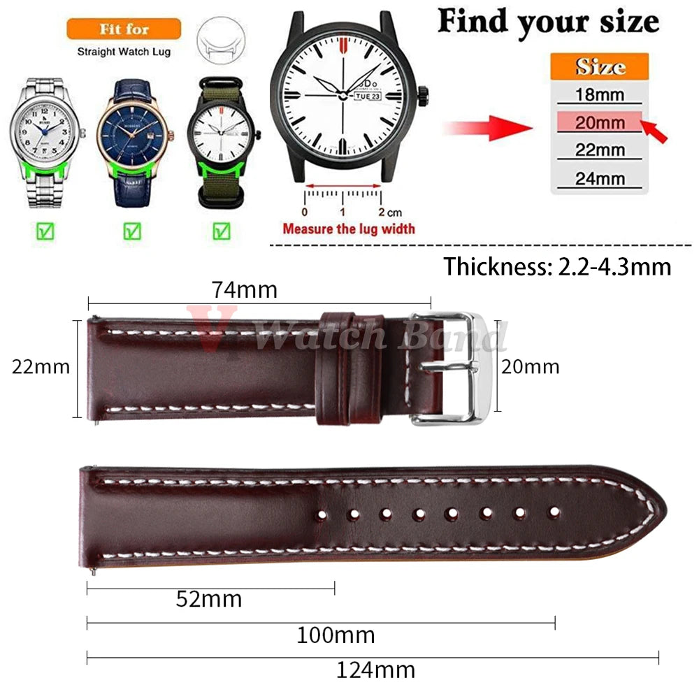 Retro Oil Wax Genuine Leather Watchband Quick Release Calfskin Strap for Seiko 18 20 22mm Wristband for Rolex Watch Accessories
