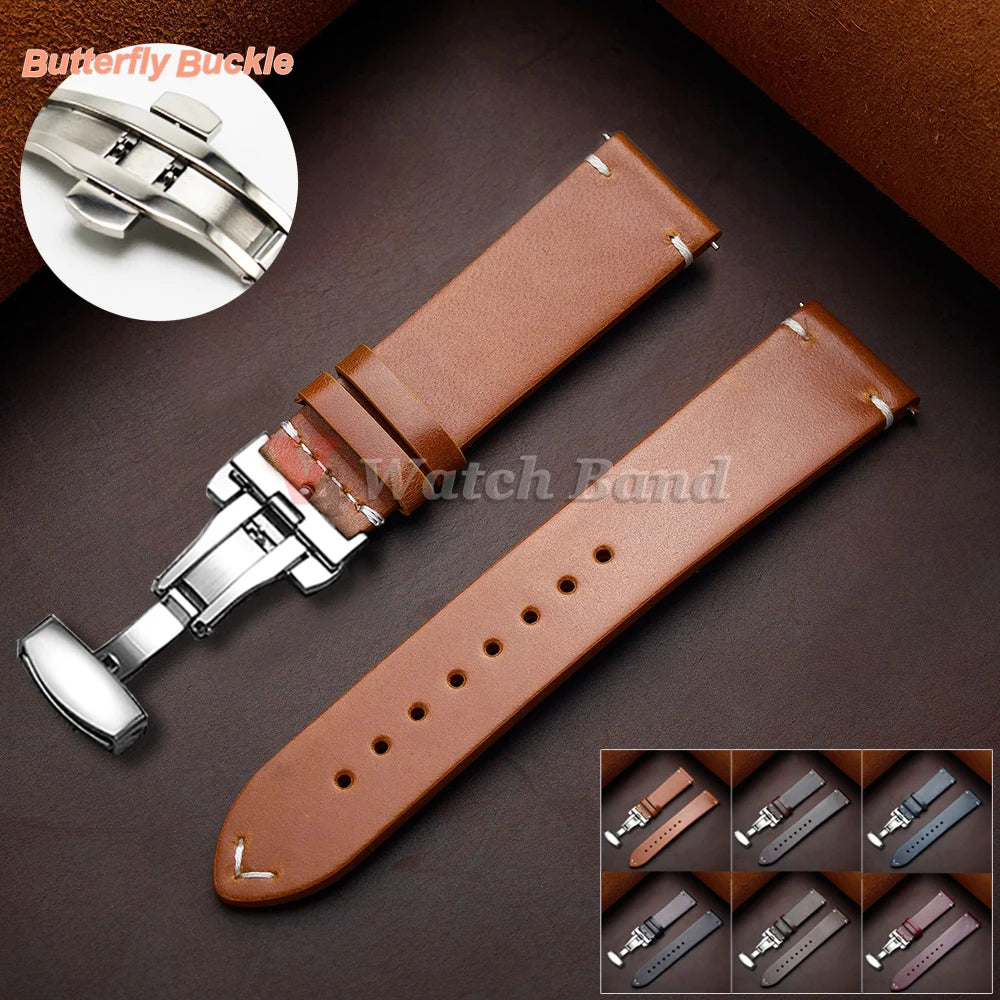 Stitching Oil Wax Cowhide Strap for Omega 18/19/20/21/22/24mm Bracelet for Seiko Vintage Leather Watch Band Butterfly Buckle
