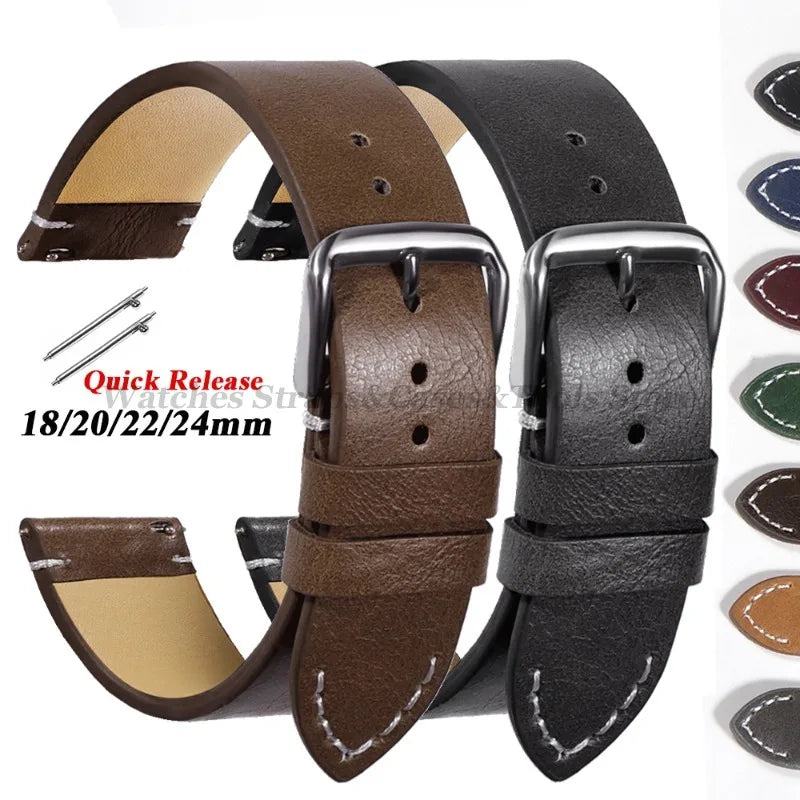 Leather Watch Band 18mm 20mm 22mm 24mm Soft Vintage Bracelets Men Women Quick Release for Omega for Huawei Watch GT4 46mm Strap