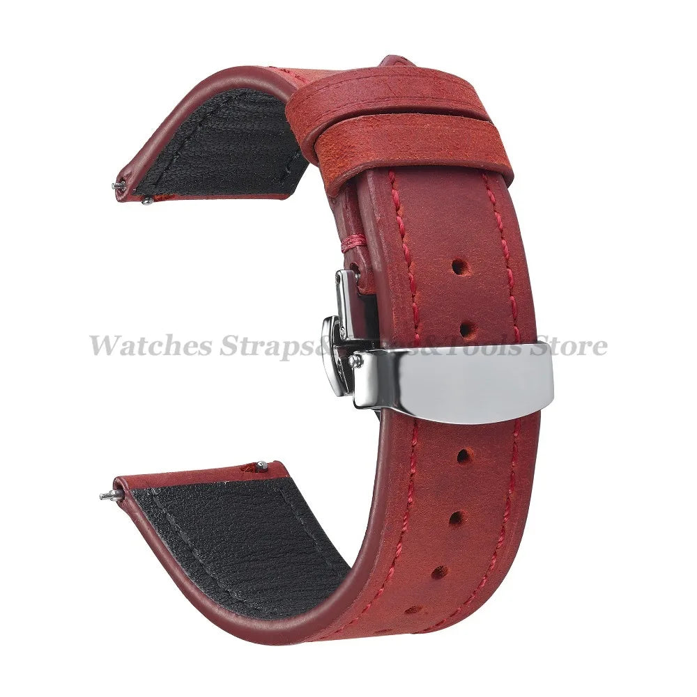 Crazy Horse Cowhide Leather Watch Strap 18mm19mm 20mm 21mm 22mm 24mm Butterfly Buckle Bracelet for Omega Smart Vintage Watchband