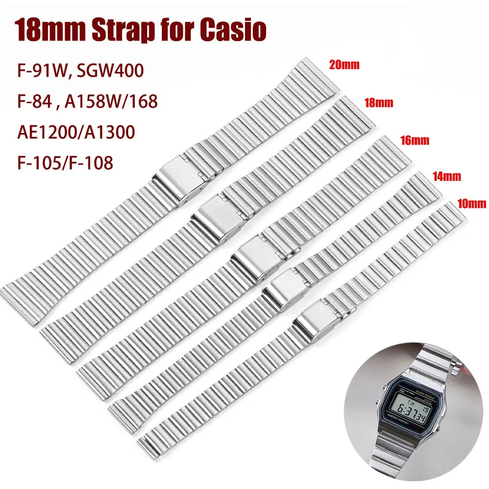 10 12 14 16 18 20mm Watch Band 18mm for Casio F-91W 18mm Metal Strap F91 F91W F84 SGW400 F105 F108 A168 AE1200 AE1300 with Pins