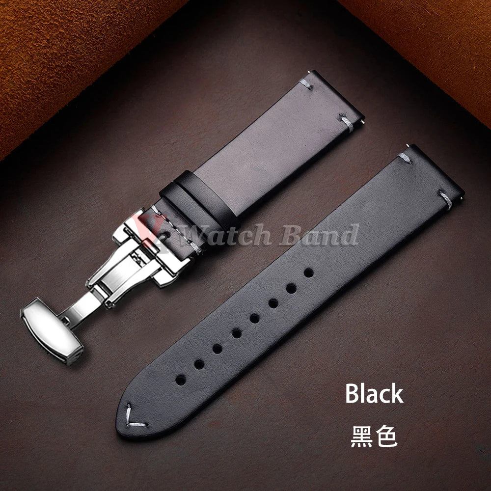 18/19/20/21/22/24mm Oil Wax Genuine Calfskin Leather Strap for Omega Business Stitching Watch Band for Seiko Butterfly Buckle
