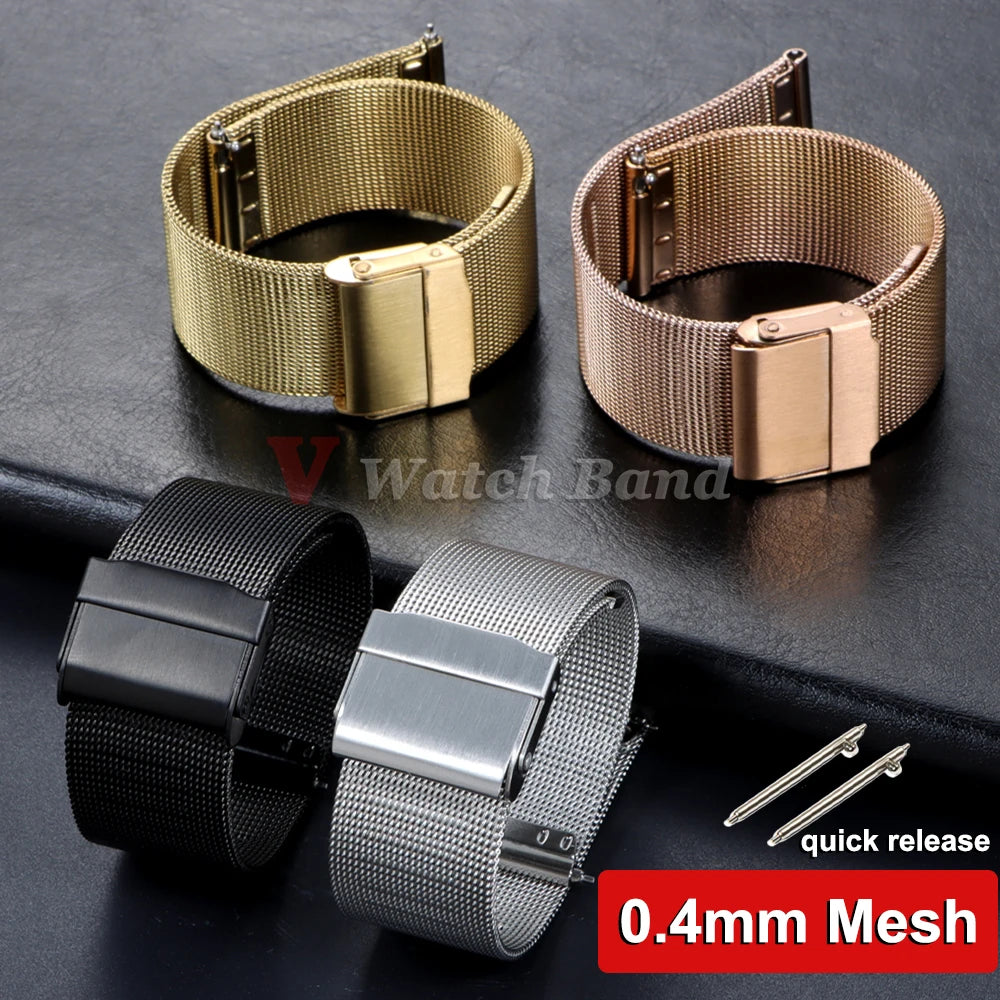 0.4 Milanese Mesh Loop Stainless Steel Watch Band Metal Strap for DW for Omega Black Gold Bracelet 18mm 20mm 22mm Bracelet