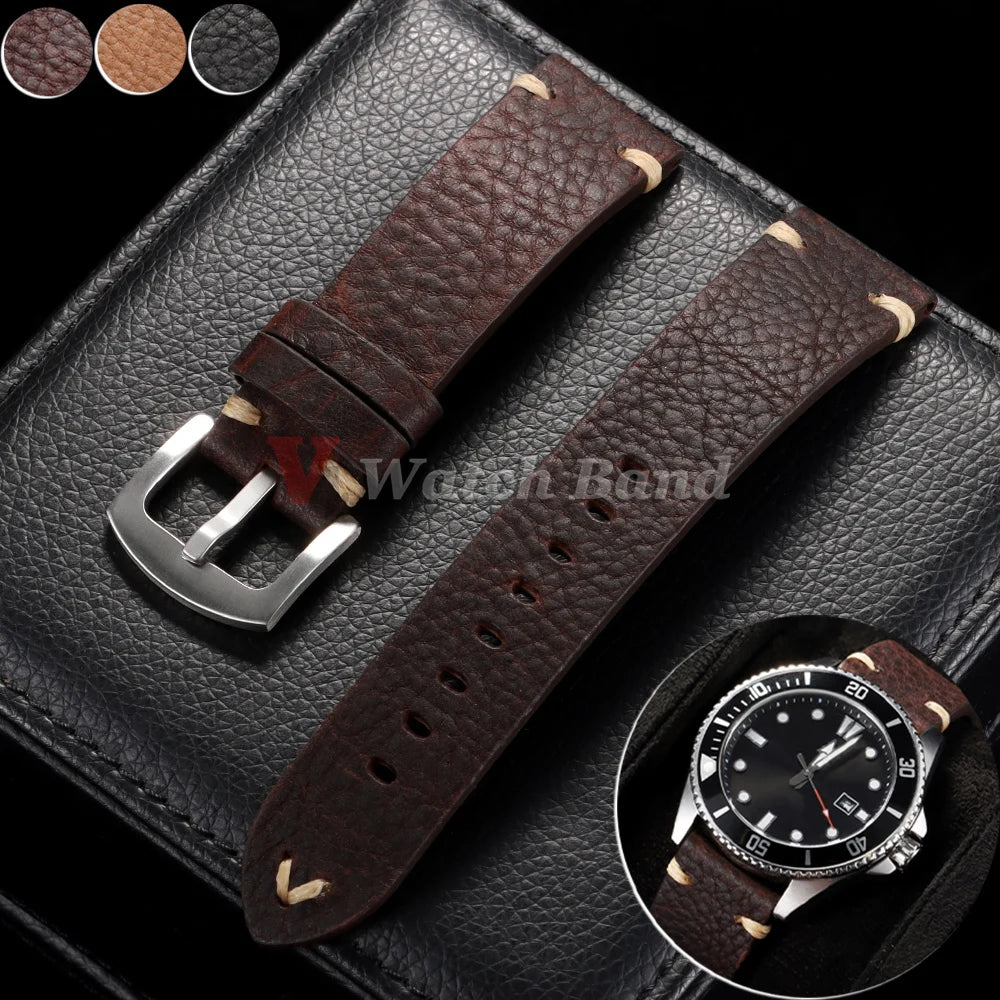 18/20/22mm Universal Genuine Cowhide Watch Band Metal Buckle Vintage Straps for Men Women Breathable Bracelet Belt Accessories