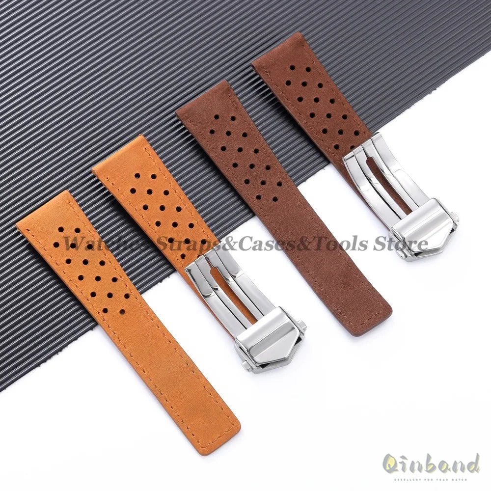 20mm 22mm 24mm Soft Genuine Cow Leather Watchband for Tag Heuer for Carrera Monaco Series Frosted Fold Buckle Men Women Straps