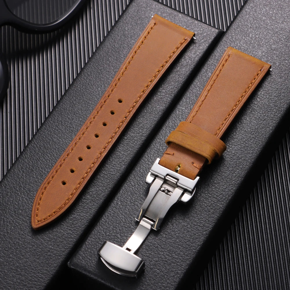 19mm 21mm Genuine Calfskin Leather Watchband for Omega Business Belt for Seiko 18/20/22/24mm Butterfly Buckle Brown Watch Straps