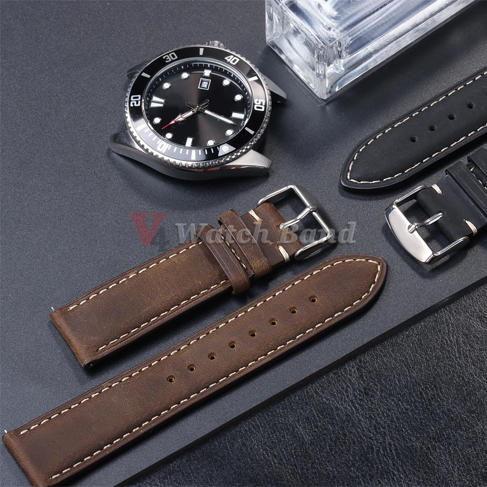 Cowhide Watch Strap 14mm 16mm 18mm 20mm 22mm 24mm Vintage Dark Brown Quick Release Watchband for Samsung Galaxy Watch 8/7/6/5/4