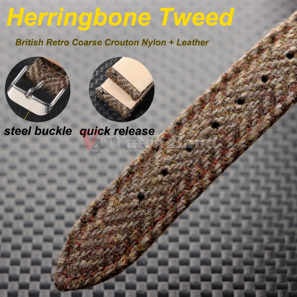 18/20/22mm Genuine Cowhide Nylon Watch Band Quick Release Strap Vintage Woven Tweed Fabric Bracelet Men Women Replace Wristband