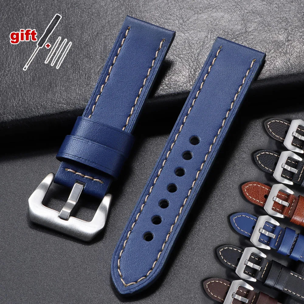 18mm 20mm 22mm 24mm Genuine Leather Watchband for Panerai Sport Wristband Vintage Matte Polished Watch Strap Blue Brown Bracelet