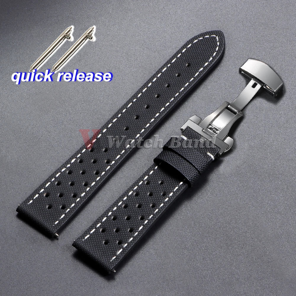 Quality Sailcloth Oxford Leather Watch Strap for Seiko for Omega 18mm 20mm 22mm Qucik Release Fabric WatchBands Butterfly Buckle