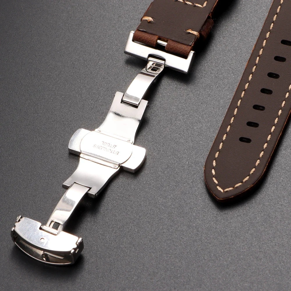Retro Genuine Calfskin Watchband for Omega Business Watch Band 20mm 22mm 24mm 26mm Butterfly Buckle Stitching Blue Brown Strap