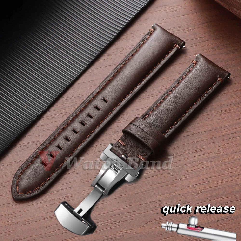 20mm 22mm 24mm Genuine Cowhide Watch Band Butterfly Buckle Vintage Straps Men Women Soft Leather Wrist Bracelet Belt Accessory