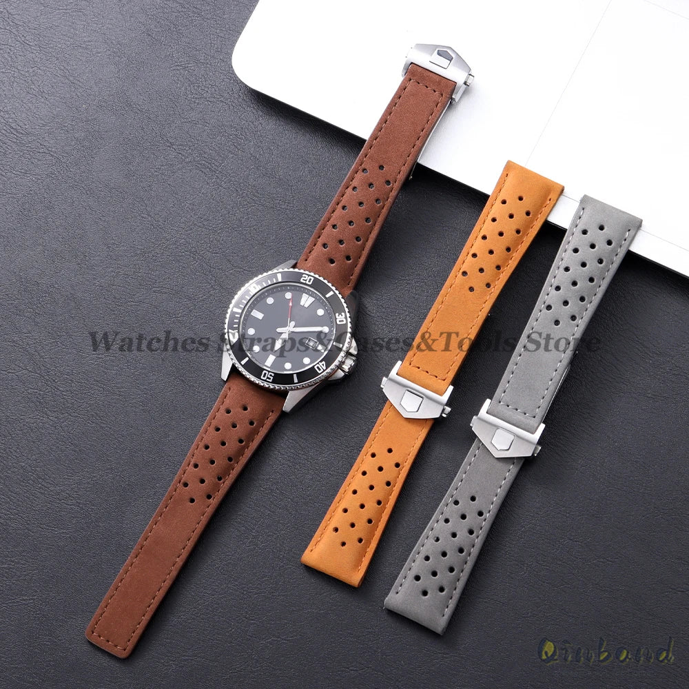 20mm 22mm 24mm Soft Genuine Cow Leather Watchband for Tag Heuer for Carrera Monaco Series Frosted Fold Buckle Men Women Straps