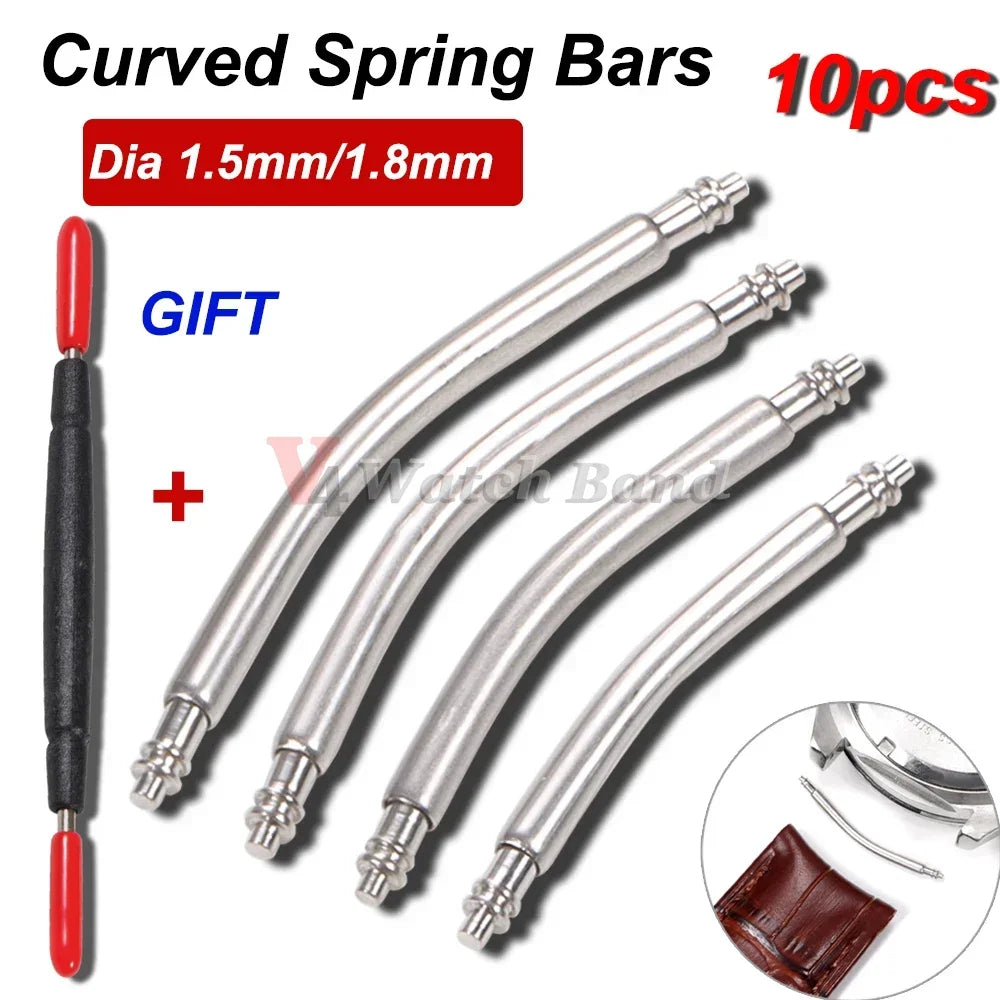 10pcs Curved End Spring Bar Dia 1.5mm 1.8mm Watch Strap Link Pins 18mm 20mm 22mm 24mm for Smart Watch Curved Band with Tool