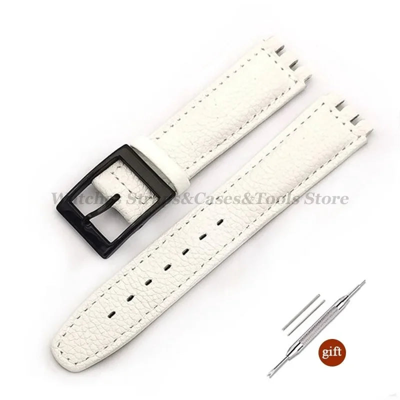 17mm Cowhide Leather Strap for Swatch Lychee Leather Watch Band for Men Women Belt Metal Buckle Replacement Bracelet Accessories