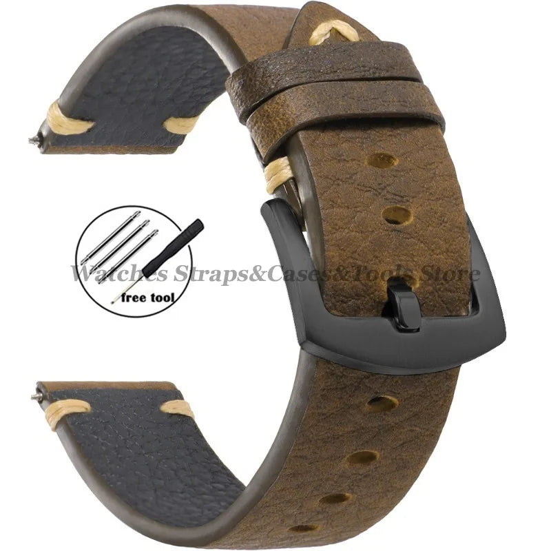 20mm 22mm Genuine Cowhide Watch Strap Vintage Litchi Pattern Leather for Smart Watch Band for Seiko Men Women Watch Accessories