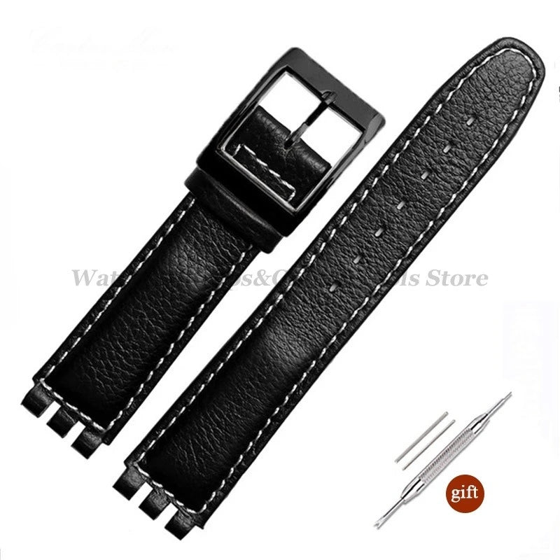 17mm Cowhide Leather Strap for Swatch Lychee Leather Watch Band for Men Women Belt Metal Buckle Replacement Bracelet Accessories