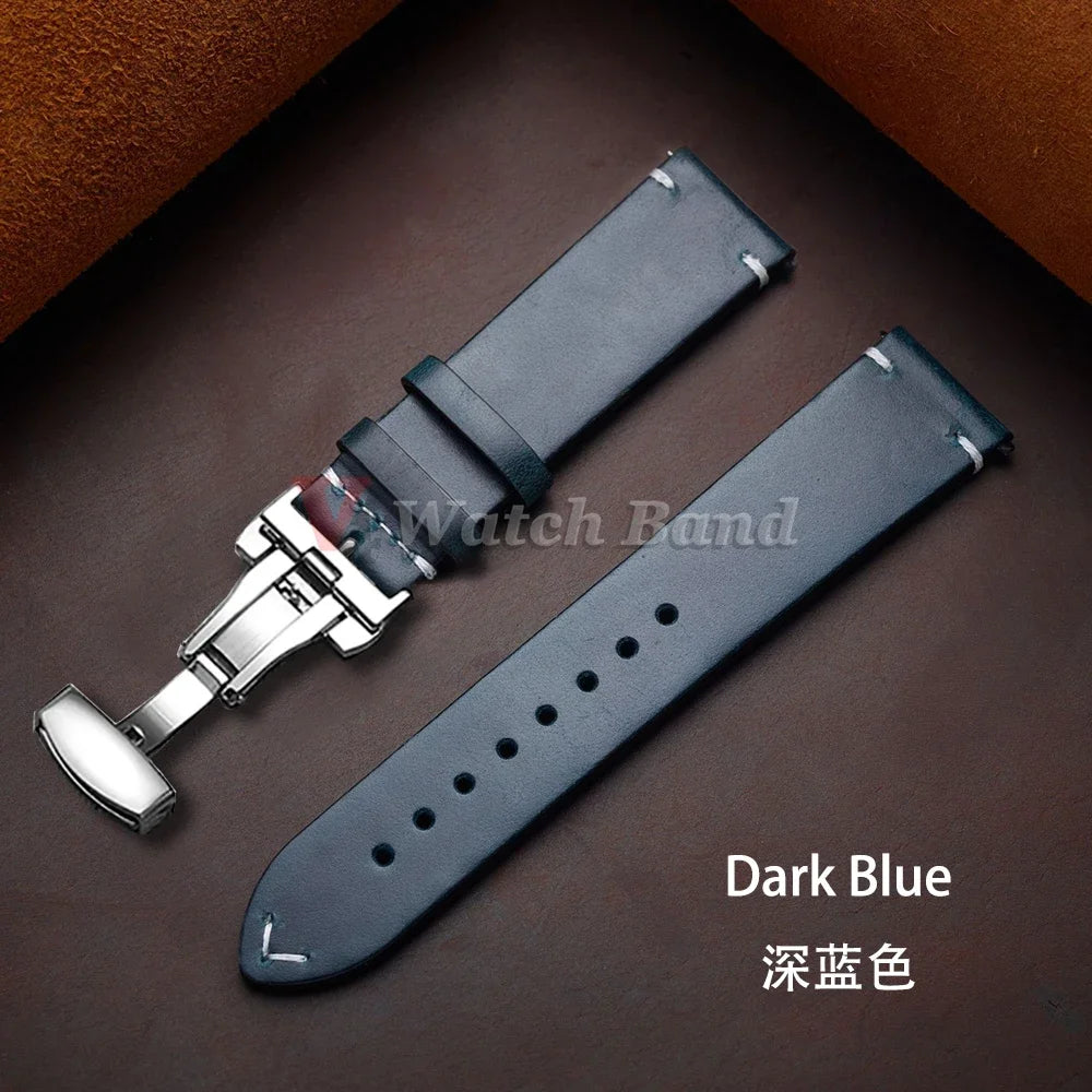 Bracelet for Seiko Vintage Oil Wax Leather Watch Band Butterfly Buckle Stitching Cowhide Strap for Omega 18/19/20/21/22/24mm