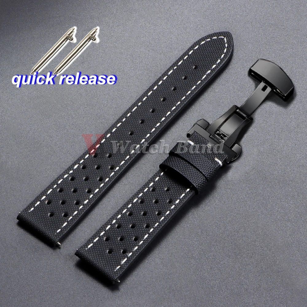 Quality Sailcloth Oxford Leather Watch Strap for Seiko for Omega 18mm 20mm 22mm Qucik Release Fabric WatchBands Butterfly Buckle