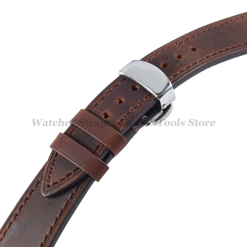Crazy Horse Cowhide Leather Watch Strap 18mm19mm 20mm 21mm 22mm 24mm Butterfly Buckle Bracelet for Omega Smart Vintage Watchband