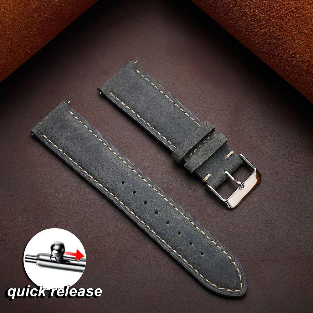 Cowhide Watch Strap 14mm 16mm 18mm 20mm 22mm 24mm Vintage Dark Brown Quick Release Watchband for Samsung Galaxy Watch 8/7/6/5/4