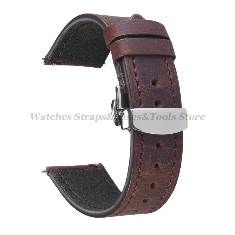 Crazy Horse Cowhide Leather Watch Strap 18mm19mm 20mm 21mm 22mm 24mm Butterfly Buckle Bracelet for Omega Smart Vintage Watchband