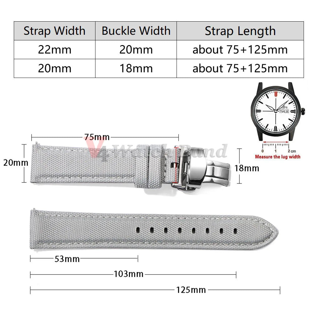 Sailcloth Watch Strap 20mm 22mm Nylon Butterfly Buckle Bracelet for Omega for Seiko Business Men Women Quick Release Watchband