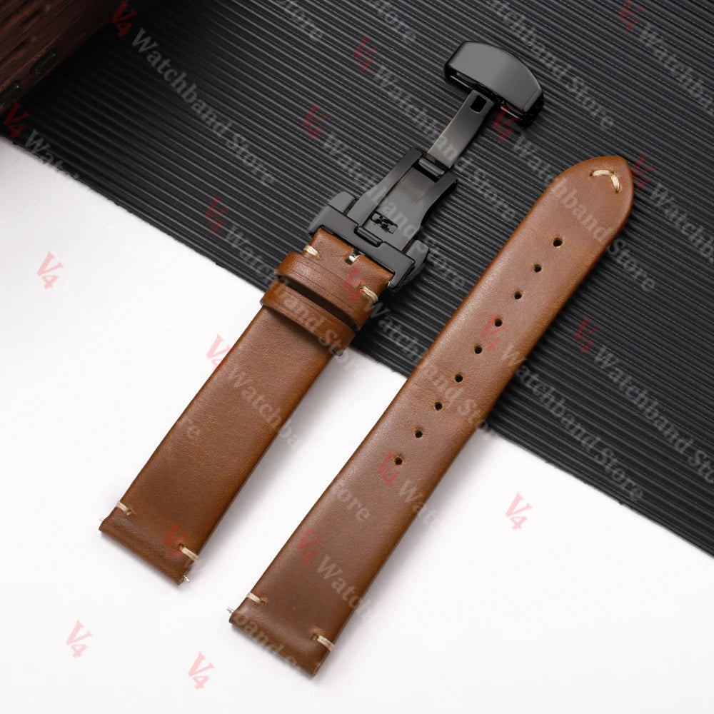 Cowhide Watch Strap 18mm 20mm 22mm for Samsung Galaxy Watch 3/4/5/6/7 Vintage Dark Brown Quick Release Bracelets Business Bands