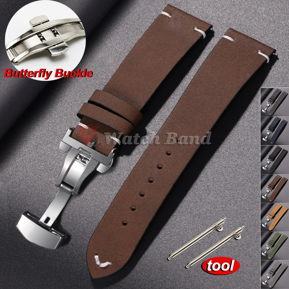 20mm 22mm Vintage Leather Watch Band Quick Release Butterfly Buckle Stitching Cowhide Strap for Omega Wrist Bracelet for Seiko
