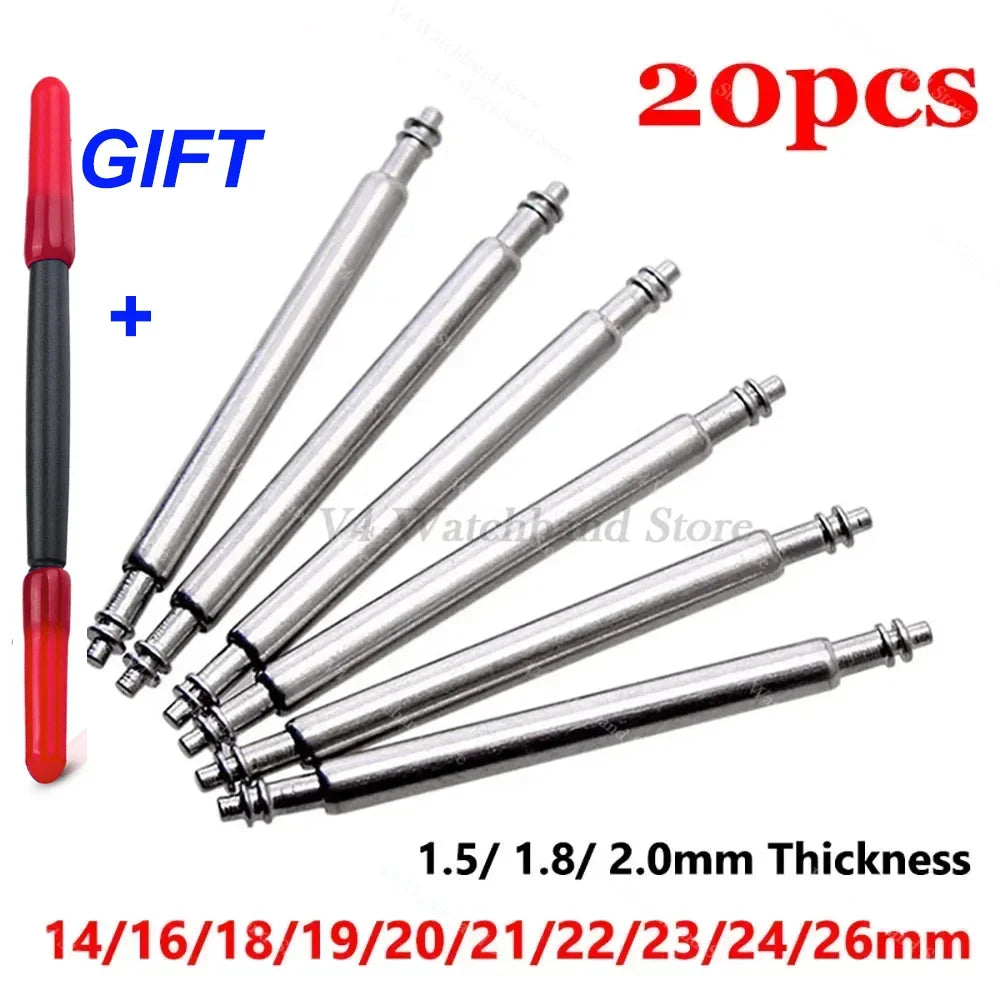 20pcs Watch Band Spring Pins 1.5mm 1.8mm 2.0mm Thickness Metal Spring Bars 16/18/20/22/24/26mm Strap Link Pins Watch Repair Tool