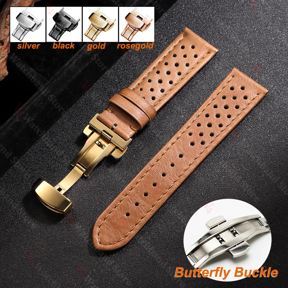 18mm 20mm 22mm Universal Genuine Cowhide Watch Band Vintage Strap for Men Women Breathable Bracelet Butterfly Buckle Wristbelt