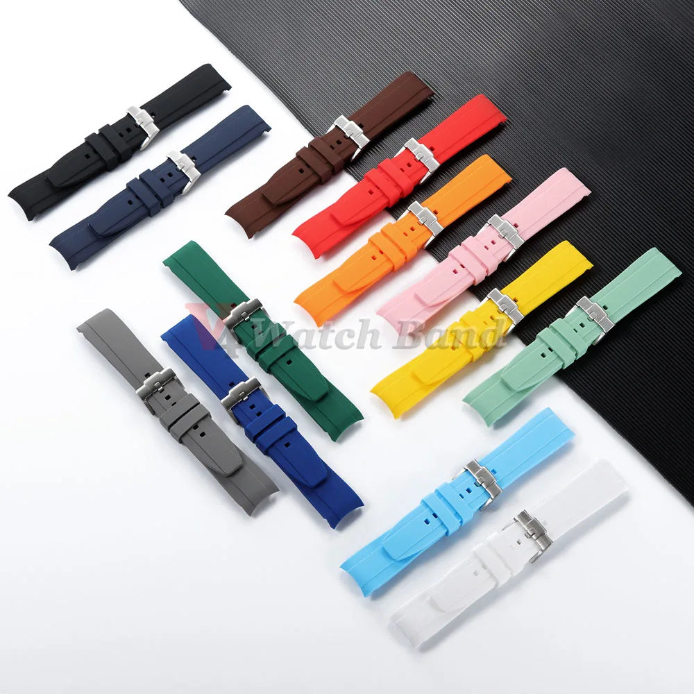 20mm 22mm Curved End Silicone Strap for Rolex for Omega for MoonSwatch Stainless Steel Gold Buckle Rubber Replacement Watch Band