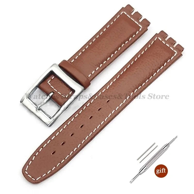 17mm Cowhide Leather Strap for Swatch Lychee Leather Watch Band for Men Women Belt Metal Buckle Replacement Bracelet Accessories