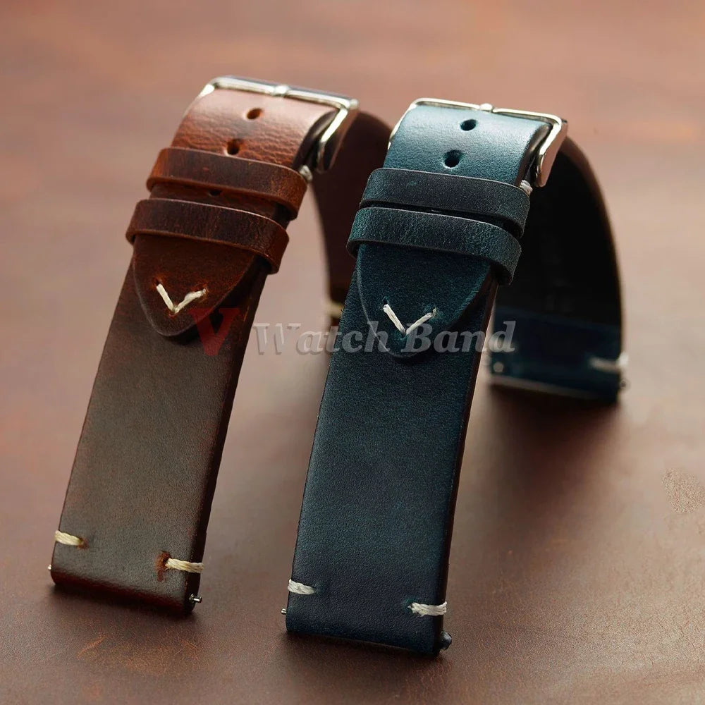 Vintage Leather Watch Band Butterfly Buckle Stitching Oil Wax Cowhide Strap for Omega 18/19/20/21/22/24mm Bracelet for Seiko