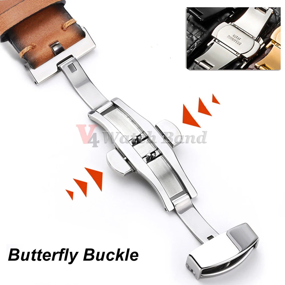 20mm 22mm 24mm Genuine Cowhide Watch Band Butterfly Buckle Vintage Straps Men Women Soft Leather Wrist Bracelet Belt Accessory
