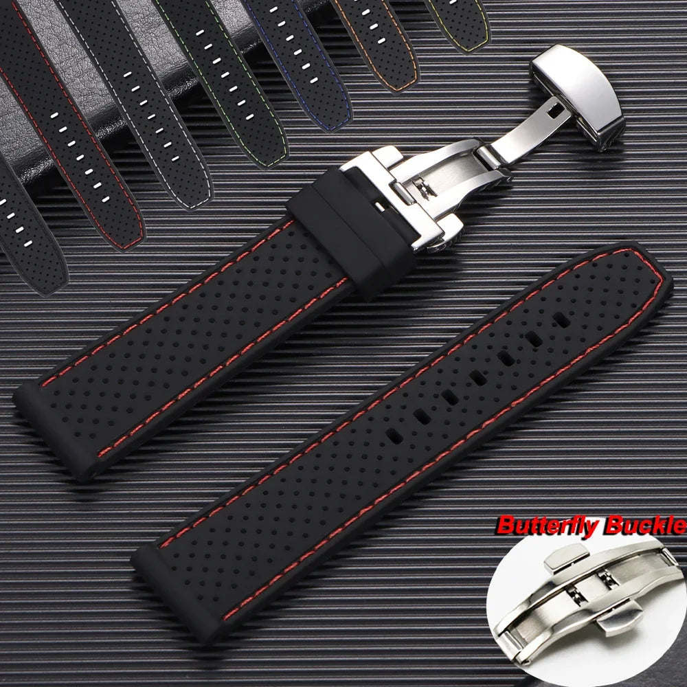 20mm 22mm Premium Silicone Watch Band Butterfly Buckle Waterproof Soft Rubber Strap Breathable Strap Replacement Universal Watch