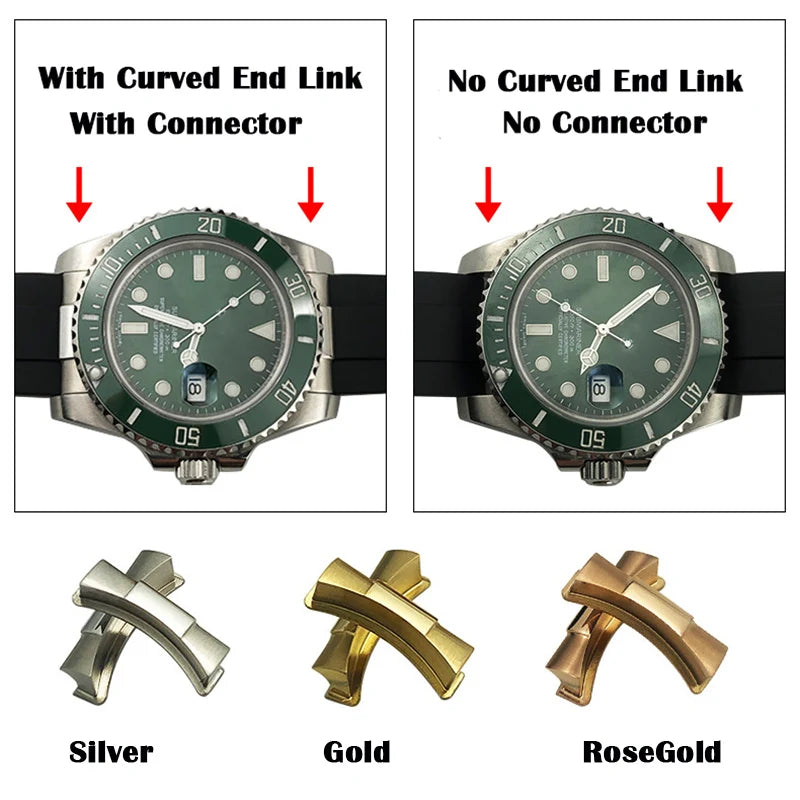 Solid Stainless Steel Curved End Silver End Link for Rolex for Submariner for Daytona Watch Arc Interface Waterproof Accessories