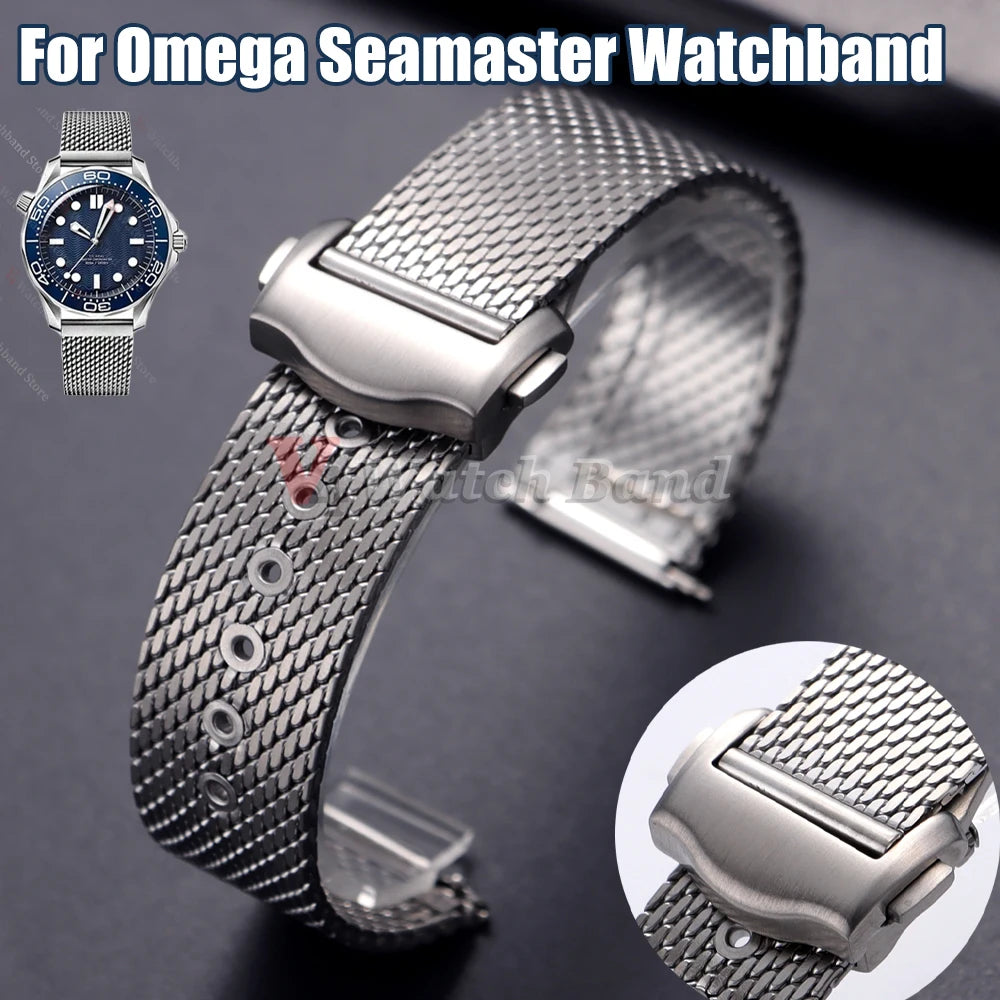 For Omega Seamaster 20mm Silver Mesh Bracelet Flat Interface Stainless Steel Watch Strap 20MM for Omega 007 Breathable Design